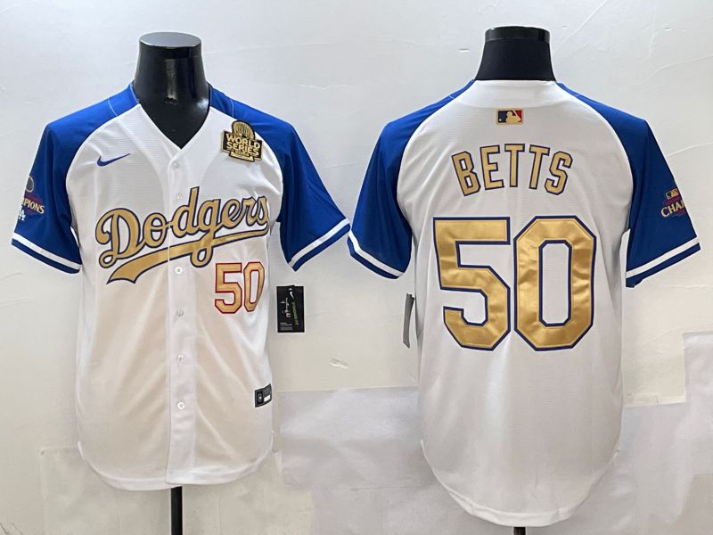 Men Los Angeles Dodgers #50 Betts White Blue Game Nike 2025 MLB Jersey style 2